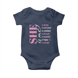 Woman Affirmation Baby Onesie She Is Strong Motivated Confident Blessed Beautiful TS11 Navy Print Your Wear