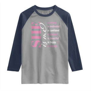 Woman Affirmation Raglan Shirt She Is Strong Motivated Confident Blessed Beautiful TS11 Sport Gray Navy Print Your Wear