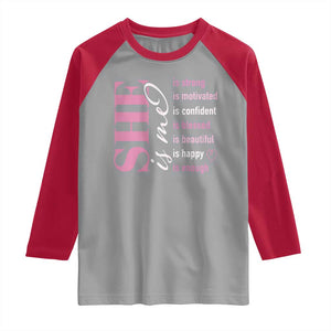 Woman Affirmation Raglan Shirt She Is Strong Motivated Confident Blessed Beautiful TS11 Sport Gray Red Print Your Wear