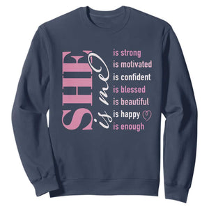 Woman Affirmation Sweatshirt She Is Strong Motivated Confident Blessed Beautiful TS11 Navy Print Your Wear