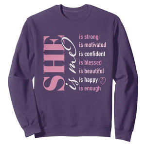 Woman Affirmation Sweatshirt She Is Strong Motivated Confident Blessed Beautiful TS11 Purple Print Your Wear