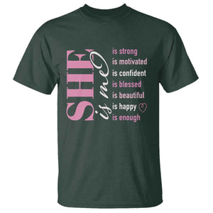 Woman Affirmation T Shirt She Is Strong Motivated Confident Blessed Beautiful TS11 Dark Forest Green Print Your Wear