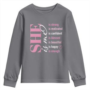 Woman Affirmation Youth Sweatshirt She Is Strong Motivated Confident Blessed Beautiful TS11 Charcoal Print Your Wear