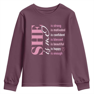 Woman Affirmation Youth Sweatshirt She Is Strong Motivated Confident Blessed Beautiful TS11 Maroon Print Your Wear