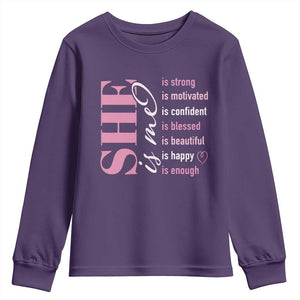 Woman Affirmation Youth Sweatshirt She Is Strong Motivated Confident Blessed Beautiful TS11 Purple Print Your Wear