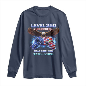 USA 250th Anniversary Gamer Long Sleeve Shirt Level 250 USA Edition 1776 2026 Bald Eagle TS11 Navy Print Your Wear