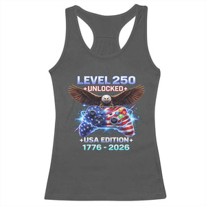USA 250th Anniversary Gamer Racerback Tank Top Level 250 USA Edition 1776 2026 Bald Eagle TS11 Dark Heather Print Your Wear