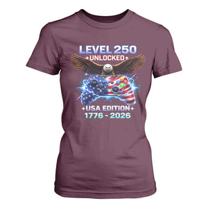 USA 250th Anniversary Gamer T Shirt For Women Level 250 USA Edition 1776 2026 Bald Eagle TS11 Maroon Print Your Wear