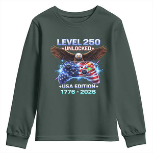 USA 250th Anniversary Gamer Youth Sweatshirt Level 250 USA Edition 1776 2026 Bald Eagle TS11 Dark Forest Green Print Your Wear