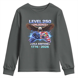 USA 250th Anniversary Gamer Youth Sweatshirt Level 250 USA Edition 1776 2026 Bald Eagle TS11 Dark Heather Print Your Wear