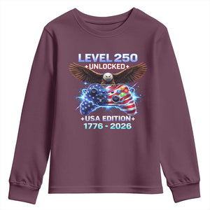 USA 250th Anniversary Gamer Youth Sweatshirt Level 250 USA Edition 1776 2026 Bald Eagle TS11 Maroon Print Your Wear
