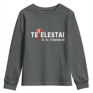 Tetelestai It Is Finished Youth Sweatshirt Jesus Last Words Christian Easter TS11 Dark Heather Print Your Wear