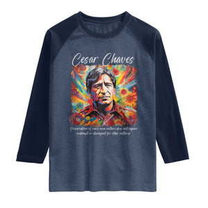 Cesar Chavez Raglan Shirt Preservation Of Ones Own Culture Does Not Require Contempt TS11 Heather Denim Navy Print Your Wear