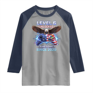 Funny 6th Birthday Raglan Shirt Level 6 Unlocked Awesome Since 2020 USA Gamer TS11 Sport Gray Navy Print Your Wear