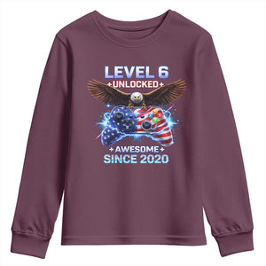 Funny 6th Birthday Youth Sweatshirt Level 6 Unlocked Awesome Since 2020 USA Gamer TS11 Maroon Print Your Wear