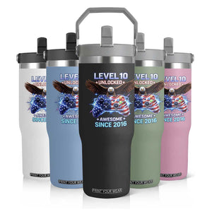 Funny 10th Birthday Flip Straw Tumbler Level 10 Unlocked Awesome Since 2016 USA Gamer TS11 Print Your Wear