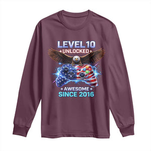 Funny 10th Birthday Long Sleeve Shirt Level 10 Unlocked Awesome Since 2016 USA Gamer TS11 Maroon Print Your Wear