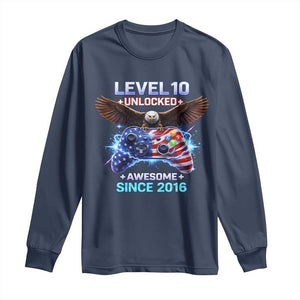 Funny 10th Birthday Long Sleeve Shirt Level 10 Unlocked Awesome Since 2016 USA Gamer TS11 Navy Print Your Wear