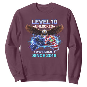 Funny 10th Birthday Sweatshirt Level 10 Unlocked Awesome Since 2016 USA Gamer TS11 Maroon Print Your Wear