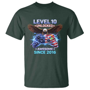 Funny 10th Birthday T Shirt Level 10 Unlocked Awesome Since 2016 USA Gamer TS11 Dark Forest Green Print Your Wear