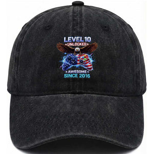 Funny 10th Birthday Washed Cotton Baseball Cap Level 10 Unlocked Awesome Since 2016 USA Gamer