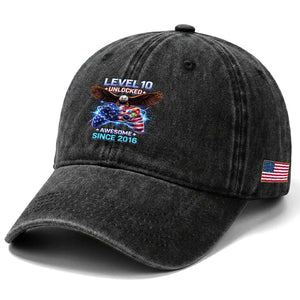Funny 10th Birthday Washed Cotton Baseball Cap Level 10 Unlocked Awesome Since 2016 USA Gamer