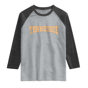 Tennessee Fan Raglan Shirt Orange Retro Checkered Varsity TN State TS11 Heather Gray Heather Charcoal Print Your Wear