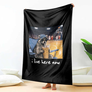 Basketball Raccoon I Live Here Now Throw Blanket Funny Trash Panda Drinking Iced Coffee Basketball Court TS11 Print Your Wear