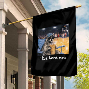 Basketball Raccoon I Live Here Now Garden Flag Funny Trash Panda Drinking Iced Coffee Basketball Court TS11 Print Your Wear