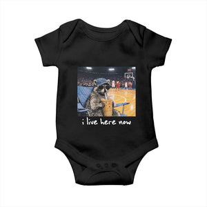 Basketball Raccoon I Live Here Now Baby Onesie Funny Trash Panda Drinking Iced Coffee Basketball Court TS11 Black Print Your Wear