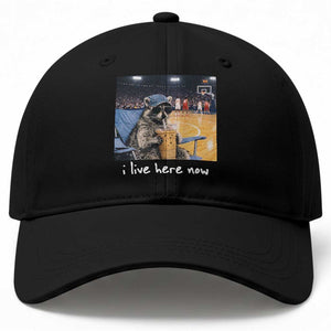 Basketball Raccoon I Live Here Now Baseball Cap Funny Trash Panda Drinking Iced Coffee Basketball Court TS11 Print Your Wear