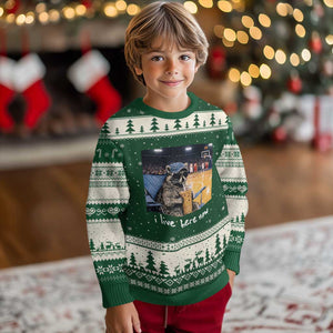 Basketball Raccoon I Live Here Now Ugly Christmas Sweater Funny Trash Panda Drinking Iced Coffee Basketball Court TS11 Forest Green Beige Print Your Wear