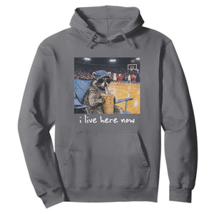 Basketball Raccoon I Live Here Now Hoodie Funny Trash Panda Drinking Iced Coffee Basketball Court TS11 Charcoal Print Your Wear