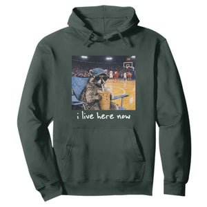Basketball Raccoon I Live Here Now Hoodie Funny Trash Panda Drinking Iced Coffee Basketball Court TS11 Dark Forest Green Print Your Wear