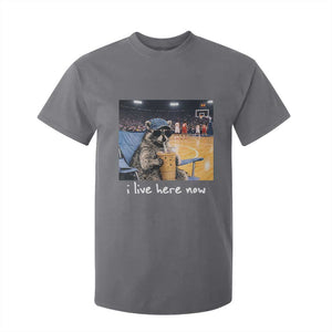 Basketball Raccoon I Live Here Now T Shirt For Kid Funny Trash Panda Drinking Iced Coffee Basketball Court TS11 Charcoal Print Your Wear