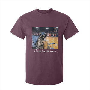 Basketball Raccoon I Live Here Now T Shirt For Kid Funny Trash Panda Drinking Iced Coffee Basketball Court TS11 Maroon Print Your Wear