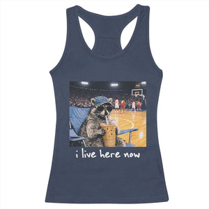 Basketball Raccoon I Live Here Now Racerback Tank Top Funny Trash Panda Drinking Iced Coffee Basketball Court TS11 Navy Print Your Wear