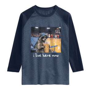 Basketball Raccoon I Live Here Now Raglan Shirt Funny Trash Panda Drinking Iced Coffee Basketball Court TS11 Heather Denim Navy Print Your Wear