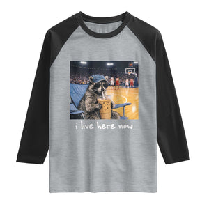 Basketball Raccoon I Live Here Now Raglan Shirt Funny Trash Panda Drinking Iced Coffee Basketball Court TS11 Heather Gray Black Print Your Wear