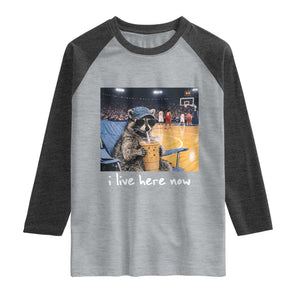 Basketball Raccoon I Live Here Now Raglan Shirt Funny Trash Panda Drinking Iced Coffee Basketball Court TS11 Heather Gray Heather Charcoal Print Your Wear