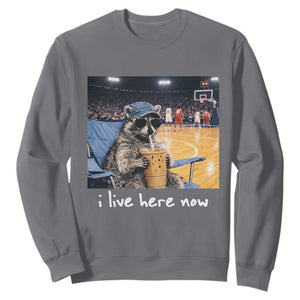 Basketball Raccoon I Live Here Now Sweatshirt Funny Trash Panda Drinking Iced Coffee Basketball Court TS11 Charcoal Print Your Wear