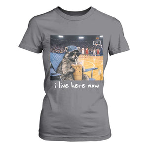 Basketball Raccoon I Live Here Now T Shirt For Women Funny Trash Panda Drinking Iced Coffee Basketball Court TS11 Charcoal Print Your Wear