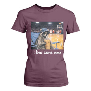 Basketball Raccoon I Live Here Now T Shirt For Women Funny Trash Panda Drinking Iced Coffee Basketball Court TS11 Maroon Print Your Wear