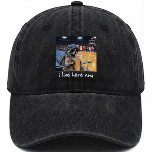 Basketball Raccoon I Live Here Now Washed Cotton Baseball Cap Funny Trash Panda Drinking Iced Coffee Basketball Court TS11 Print Your Wear