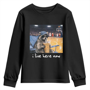 Basketball Raccoon I Live Here Now Youth Sweatshirt Funny Trash Panda Drinking Iced Coffee Basketball Court TS11 Black Print Your Wear