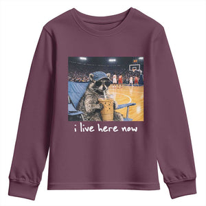 Basketball Raccoon I Live Here Now Youth Sweatshirt Funny Trash Panda Drinking Iced Coffee Basketball Court TS11 Maroon Print Your Wear