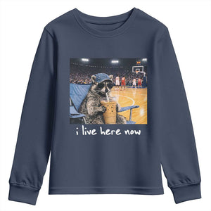 Basketball Raccoon I Live Here Now Youth Sweatshirt Funny Trash Panda Drinking Iced Coffee Basketball Court TS11 Navy Print Your Wear