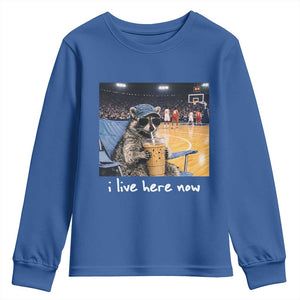 Basketball Raccoon I Live Here Now Youth Sweatshirt Funny Trash Panda Drinking Iced Coffee Basketball Court TS11 Royal Blue Print Your Wear