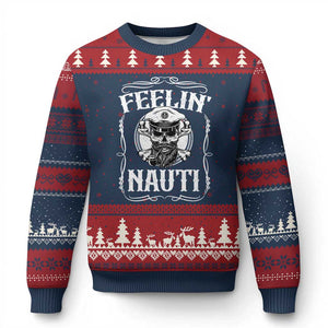 Funny Feelin Nauti Ugly Christmas Sweater Boat Captain Pontoon Sailing Sailor Skull TS11 Navy Red Print Your Wear