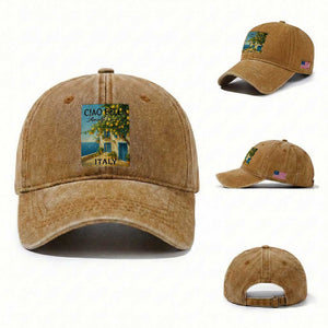 Italian Summer Amalfi Coast Washed Cotton Baseball Cap Ciao Bella Italy Lemon TS11 Washed Cap Universal Fit Yellow Ochre Print Your Wear